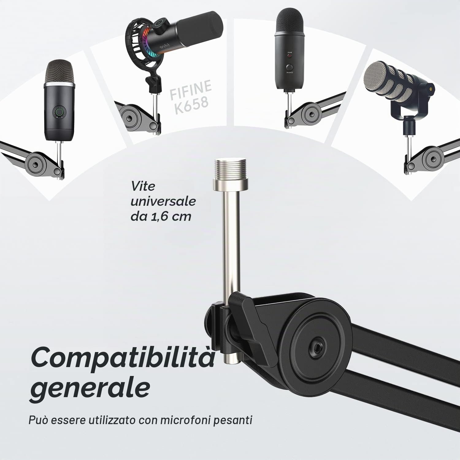 FIFINE Supporto per Microfono, Braccio Microfono con Microphone Clip e adattatore, Supporto Microfono Regolabile Professionale Braccio per Microfono, Compatibile con microfono K658 K688 AM8 A8