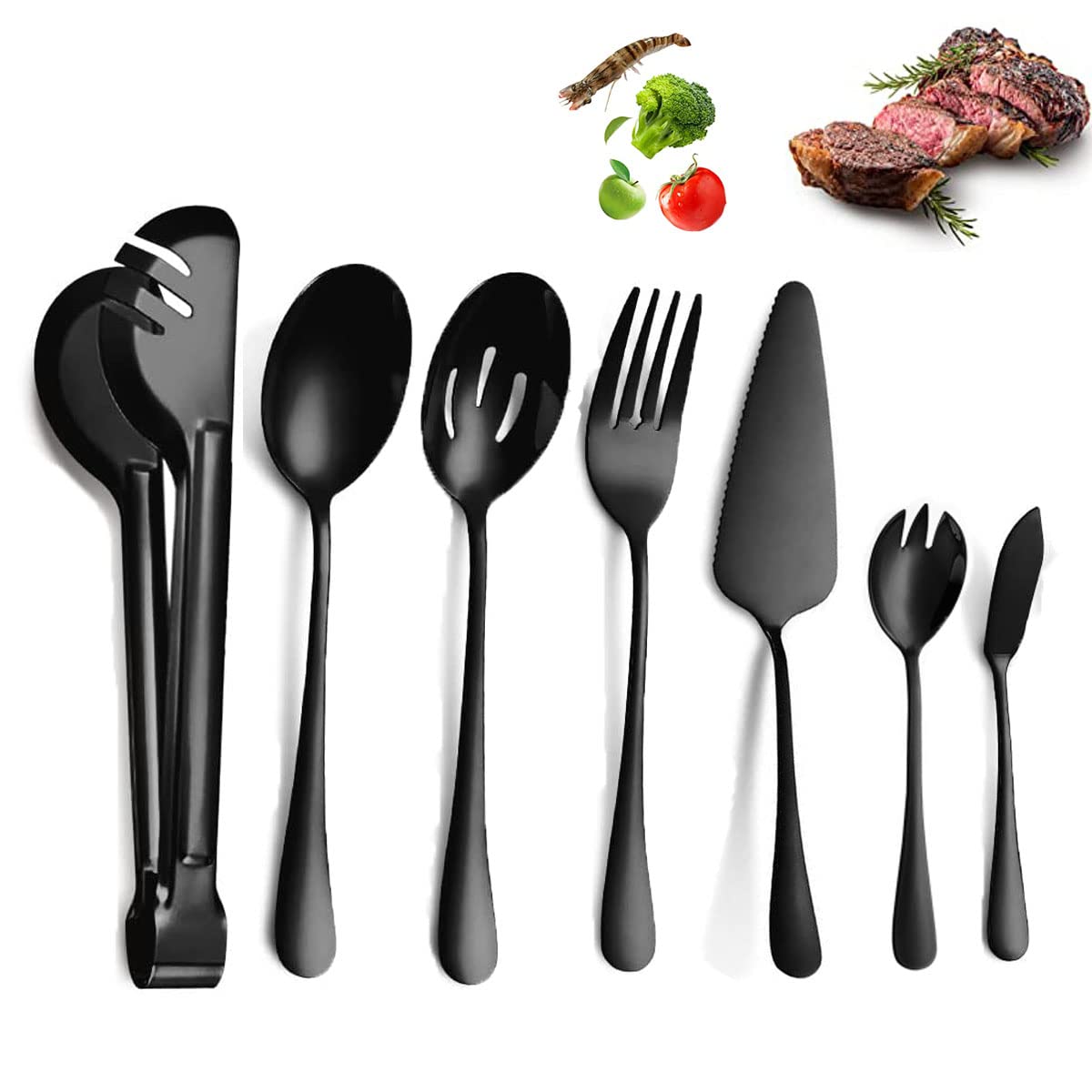 Stainless Steel Serving Utensils,7PCS Large Serving Spoon Set,Slotted Serving Spoons (Black)