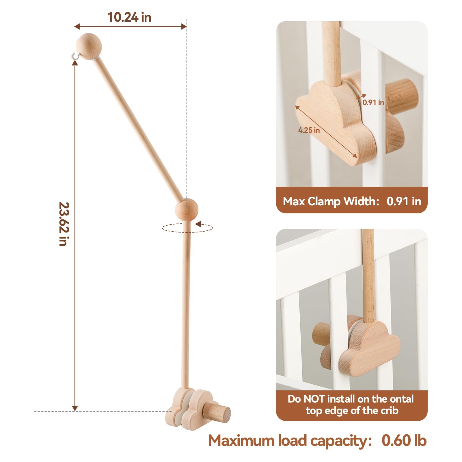 OESSUF Braccio mobile per culla, 68 cm, regolabile, in legno, design a nuvola bianca, supporto mobile per culla (legno)