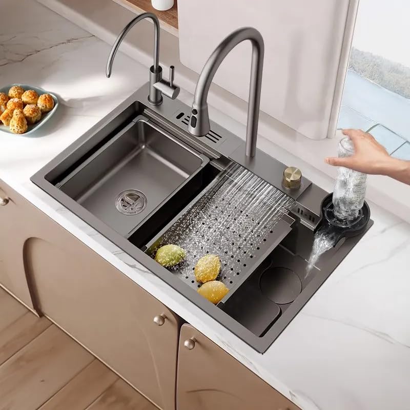 HAPPY HOMES HAPPY HOMES 37x18x9 Inch 304 SS Single Bowl Kitchen Sink with Integrated Waterfall | Anti- Scratch Honeycomb Design, Pull Down Faucet with Water Purifier Tap, Fruit Baskets & Accessories