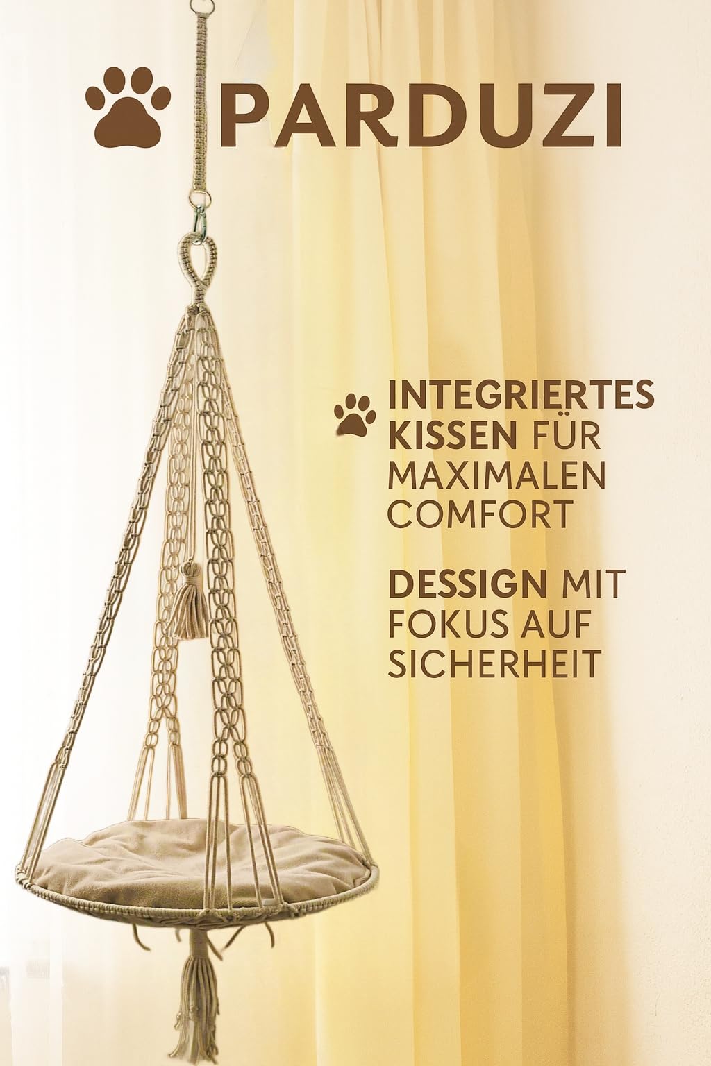 Katzen Hängeschaukel | Handgeknüpftes Katzenbett mit Kissen & Aufhängung | Katzenhängebett | Hängematte | Hamock | Hängeschauckel handgeknüpft (Naturweiß)