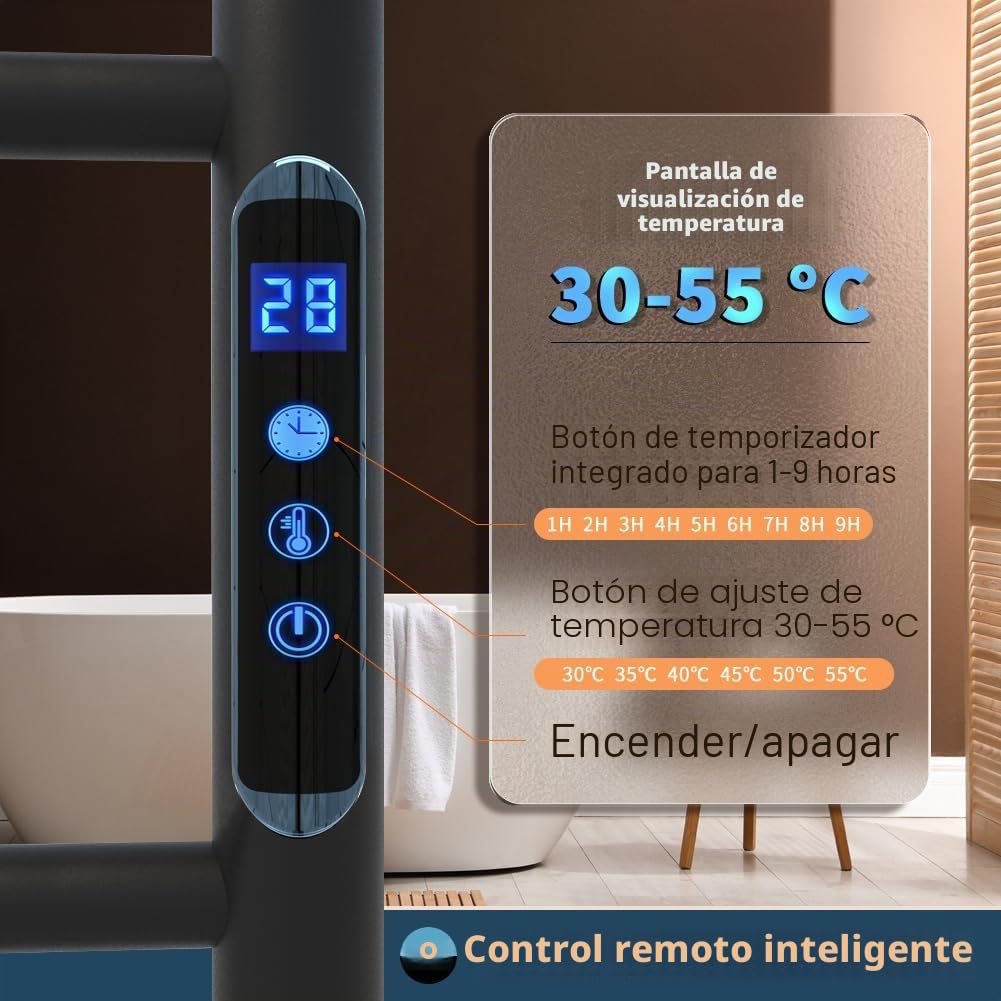 KWW - Toallero con calefacción, control remoto con APP Tuya, calentador de toallas con temporizador, calentador de toallas montado en la pared para baño (negro mate, 5 barras)