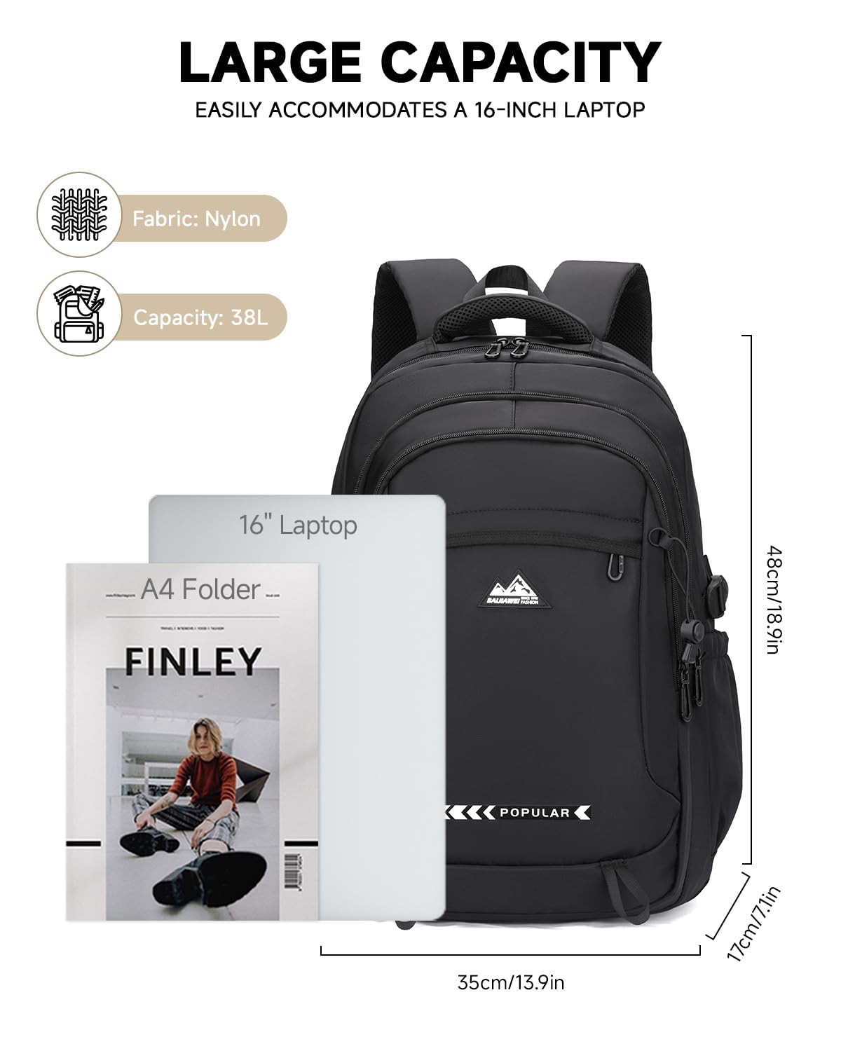 Amythe Mochila para adolescentes y niños, 38 l, grande, mochila escolar universitaria para portátil de 16 pulgadas, transpirable, mochila escolar para hombre para viajes