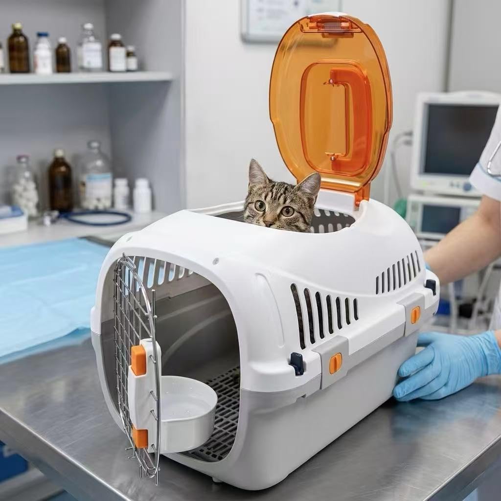 SNOEKIE Katzen Transportbox mit 2 Öffnungen, 49,5 x 32 x 32,6 cm, Haustierbox für Katzen & kleine Hunde, mit Dachöffnung, Fronttür, Metallgittertür & Tragegriff, Cremeweiß/Grau
