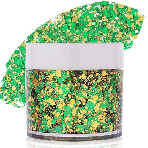 Paminify Green Gold Brazil Face Glitter Gel Green Yellow Hair Body Glitter 2026 World Cup Brasil Cheer Glitter Makeup for Soccer Game Brazil Chunky Glitter for Baseball Softball Sport Fans