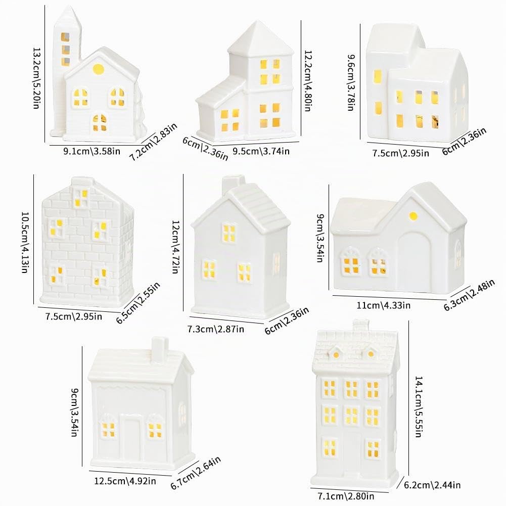 Maison de village de Noël en céramique blanche, ensemble de village de Noël, maisons de village de Noël éclairées par LED, maisons de ville en porcelaine blanche, collection de scènes de Noël pour la