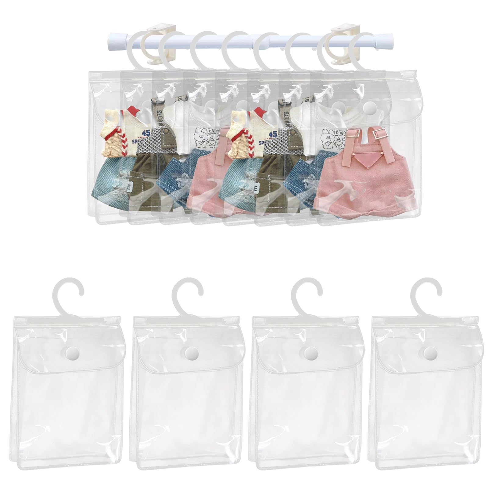 12 Stück Transparente Aufbewahrungsbeutel für Puppenkleidung mit Teleskopstange Kompatibel mit Labubu Kleidung Puppenkleiderregal 12x15,8x2,8 cm