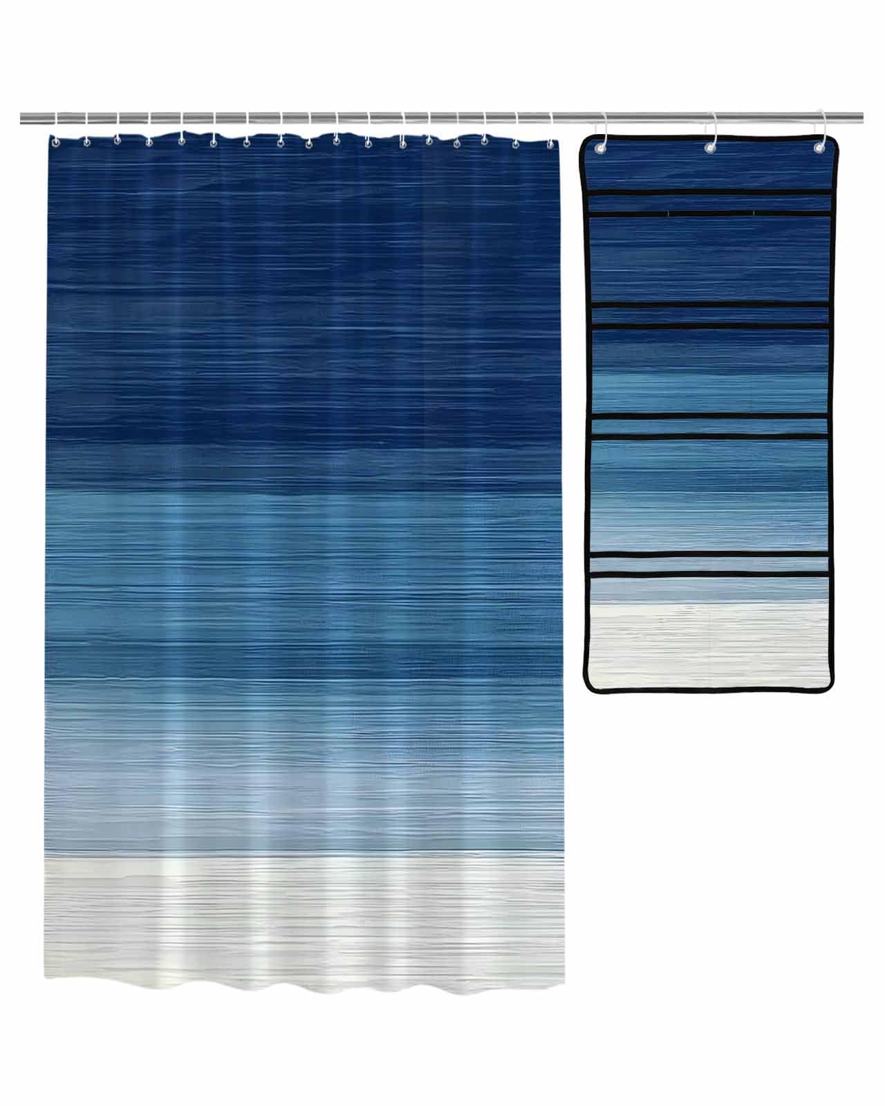 ZFUNCING Shower Curtain Mesh Shower Organizer Set Modern Navy Blue White Gradient Waterproof Bath Curtains Hanging Shower Caddy