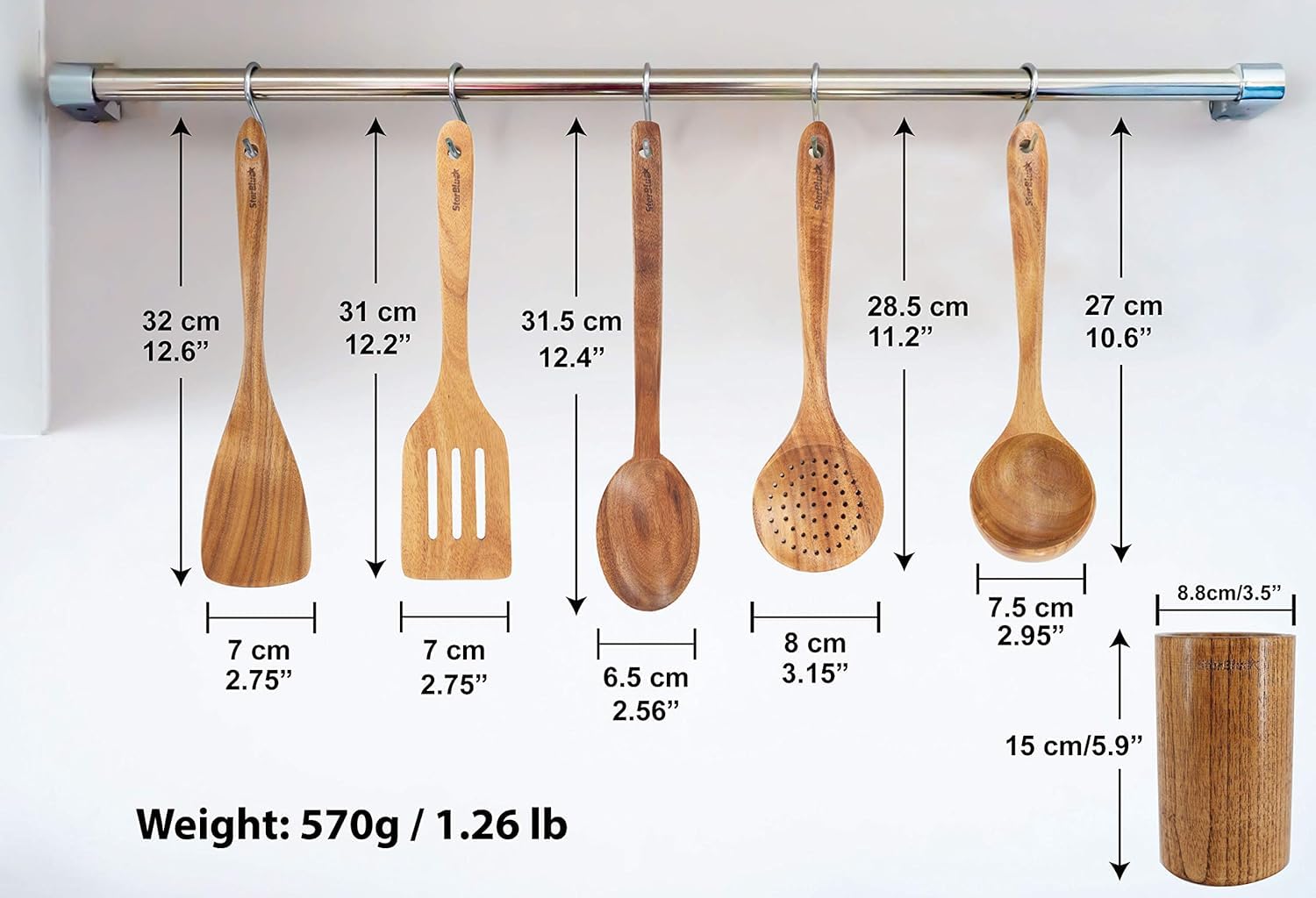 StarBlue - Set Di Utensili Da Cucina In Legno Di Acacia Da 6 Pezzi; Resistenti Spatole Antigraffio Per Pentole Antiaderenti; Set Di Spatole Ecologiche Ed Ergonomiche Con Apposito Contenitore In Legno
