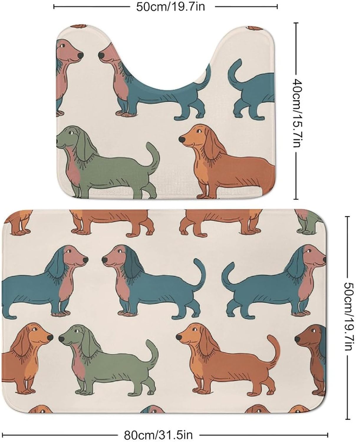 Bath Mat Set 2 Pieces Coral Velvet Bath Rug Non Slip Absorbent Microfiber Bathroom Rugs Quick Dry U-Shaped Toilet Rug Cute Dachshound Dogs Bathmat Washable Soft Carpet