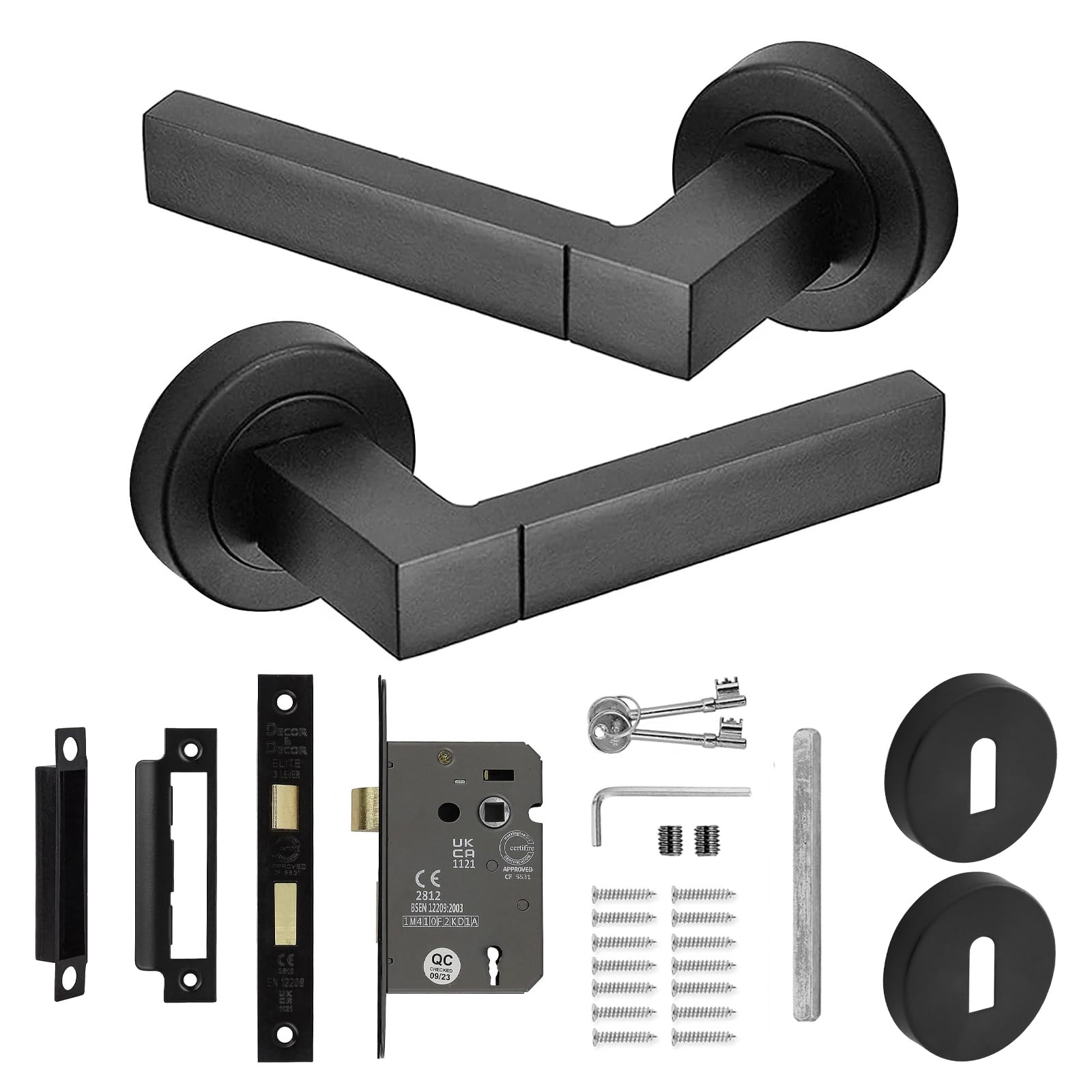 Decoranddecor Black Lumina Matt Door Handles - Aluminium Door Lever Sets For Internal Doors - Door Handles With Fire Rated Sash Lock And Keys