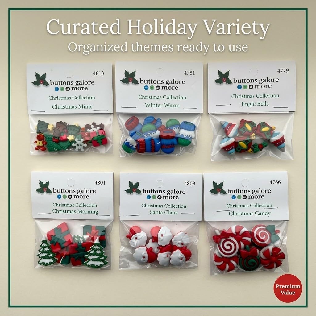 Buttons Galore 50+ Assorted Christmas Buttons for Sewing & Crafts - Set of 6 Button Packs
