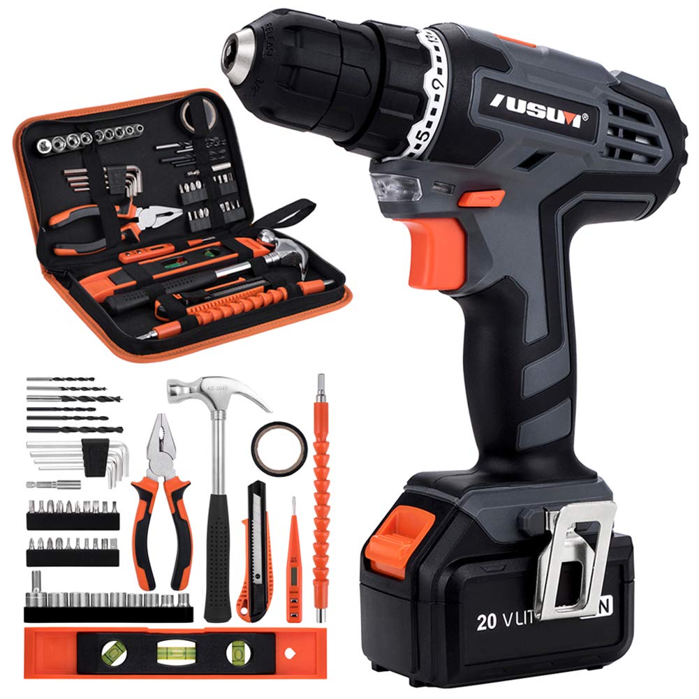 Cordless Drill Driver Kit, 20V Max Electric Drill Set/Lithium-Ion Battery Driver, Fast Charger, 21+1 Clutch, 49 piece, Variable Speed & Built-in LED for Drilling Wood, Metal