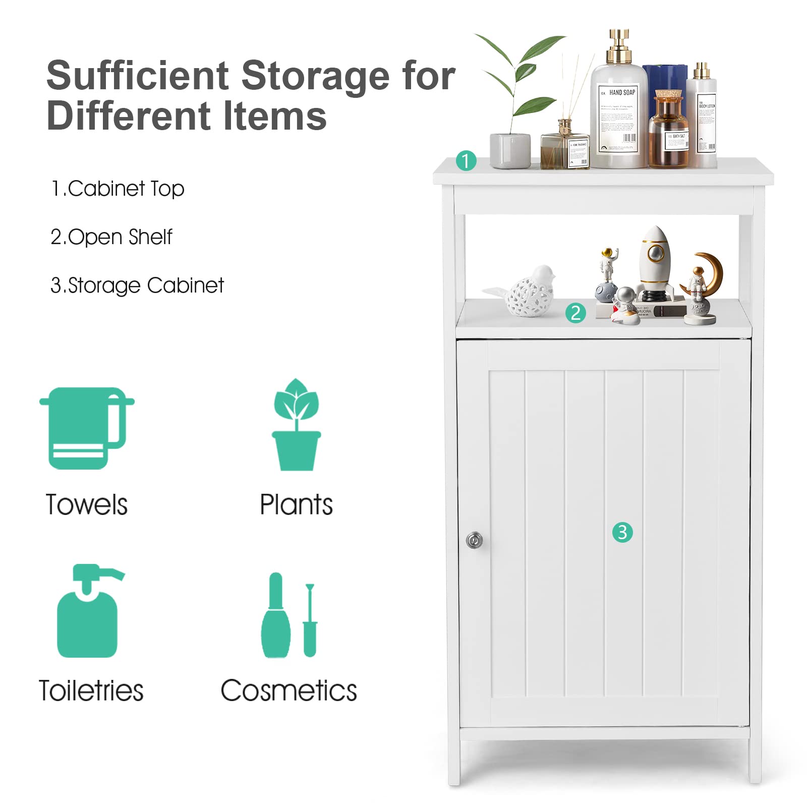 LIFEZEAL Armario de Baño Ahorrador de Espacio (Blanco) | Organizador de suelo con puerta y estante, pies antivuelco y antideslizantes para salón y cocina, 45 x 30 x 84 cm