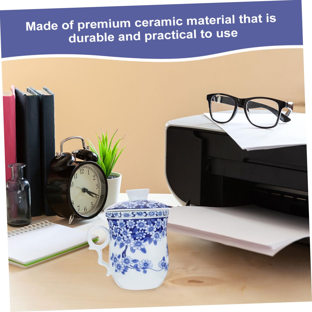 Tasse à Thé en Porcelaine Chinoise Bleue 1 Pièce en Céramique | Couvercle Filtrant Inclus, Surface Lisse, Poignée Anti-brûlure, Usage Bureau