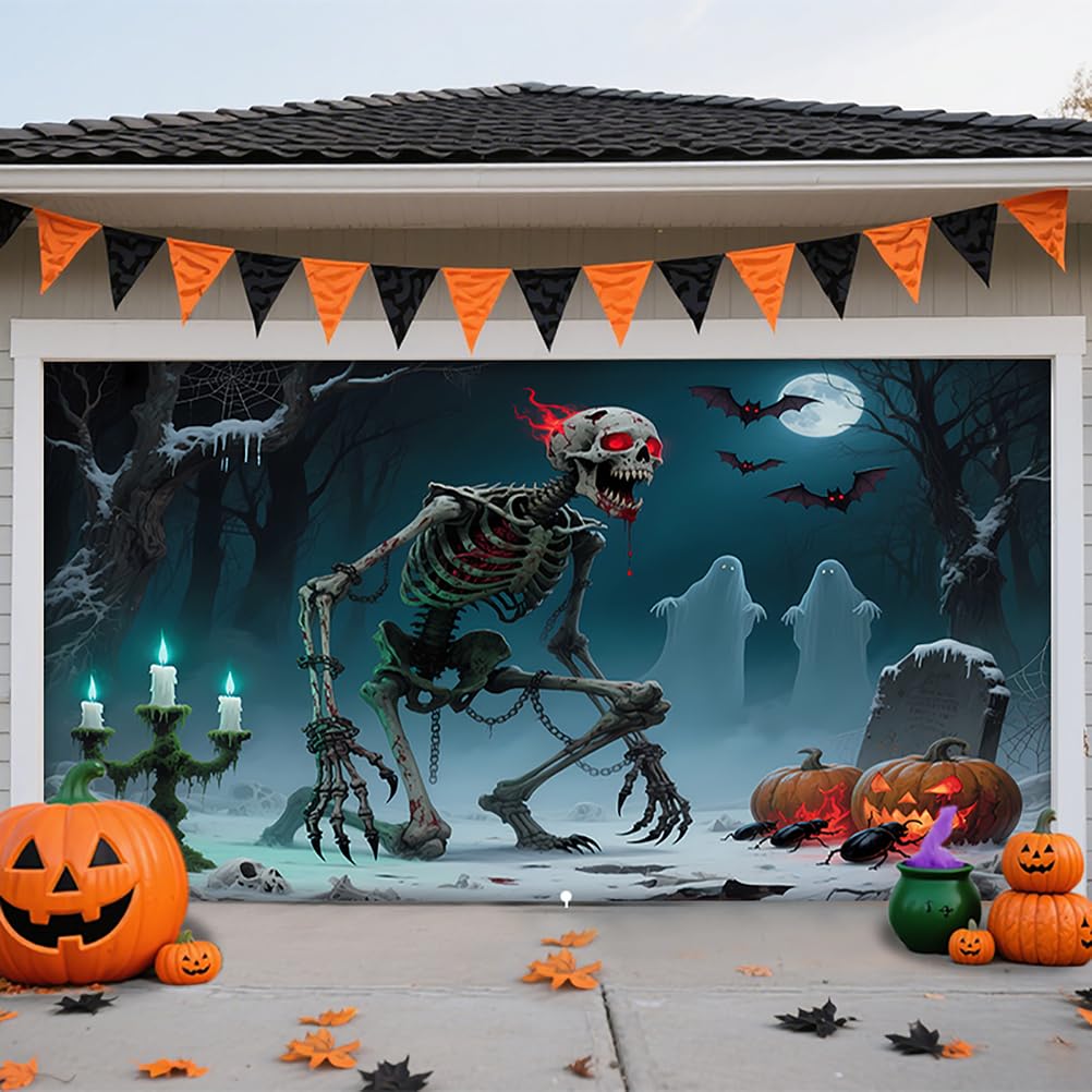 ZFFLYH Halloween Garage Door Cover, Large Hanging Garage Door Banner Backdrop Horror Halloween Wall Decorations for Outdoor Indoor Home House Party,Horror Skeleton,6.5 * 5FT