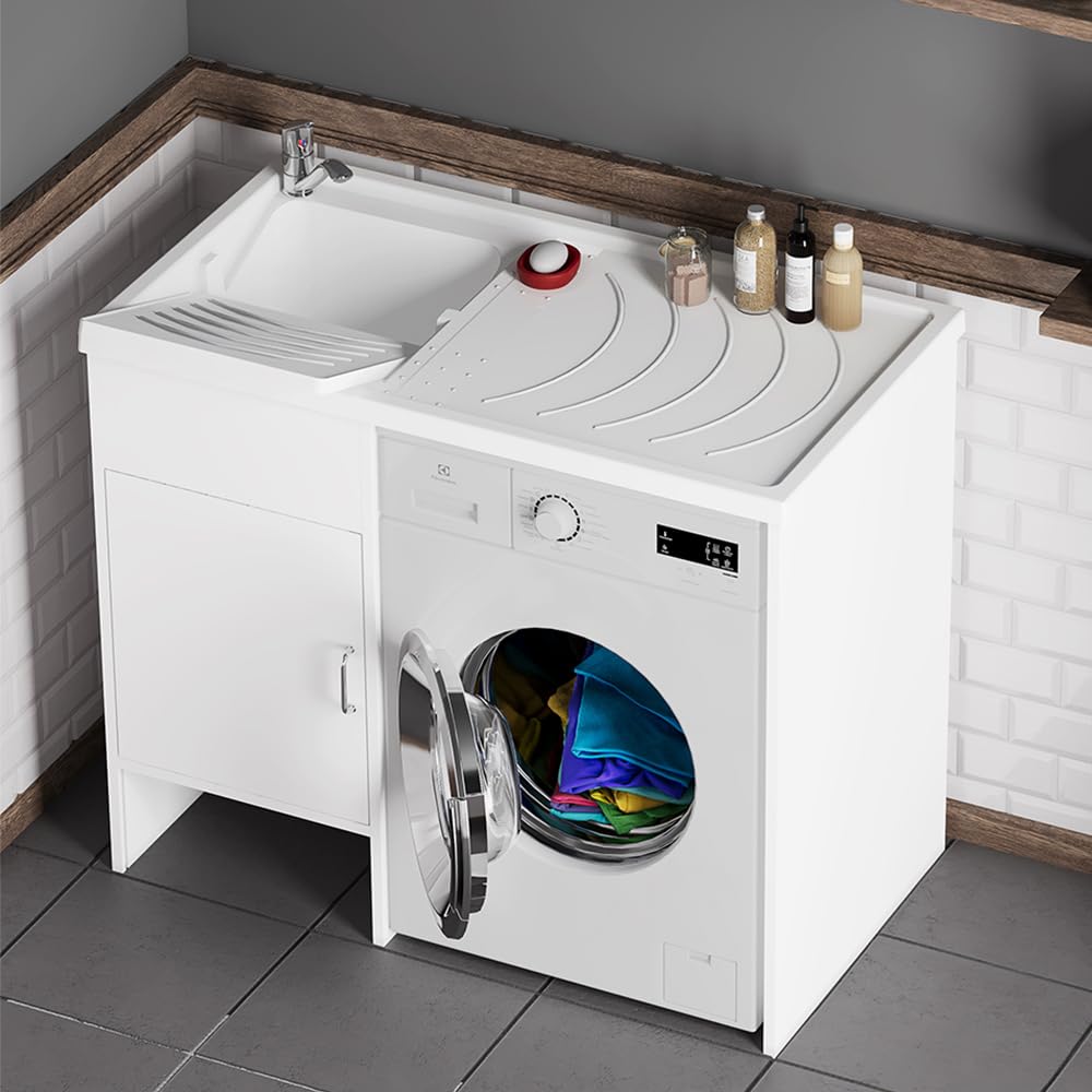 Inbagno Lavatoio e Coprilavatrice con Mobile in PVC 109x60x85 cm Bianco Vasca Sinistra