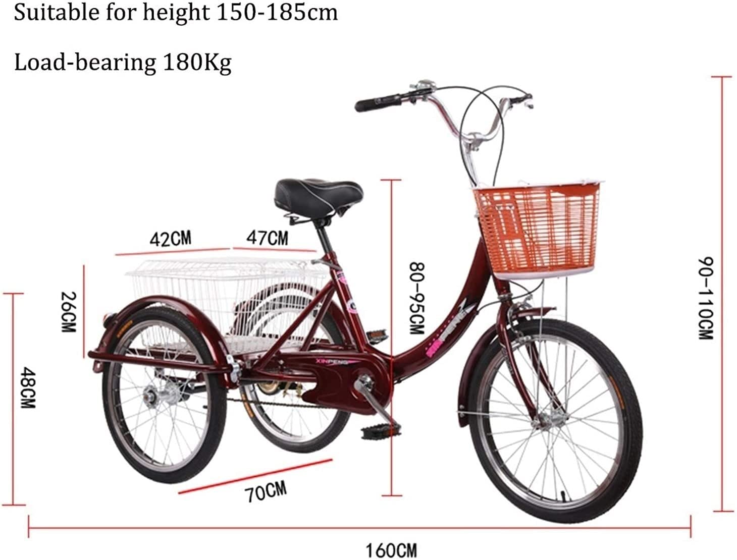 GRDDBZA Adult Tricycle - 3 Wheel Bikes for Adults Shopping Safe Adult Tricycle 20inch Single Speed 3 Wheels Bike with Basket for Exercise Shopping Picnic Outdoor Activities Wine Red