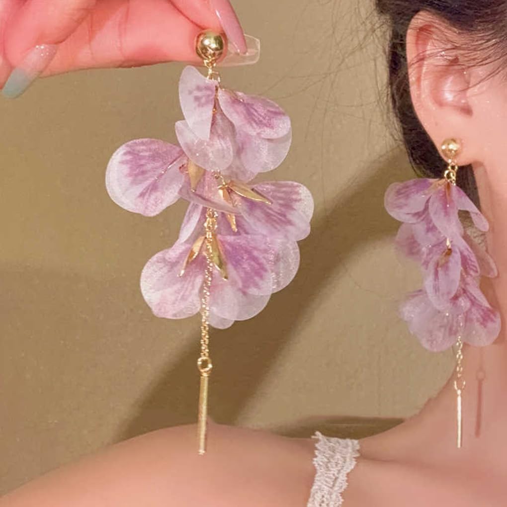 Boho Long Fabric Flower Tassel Earrings for Women Exaggerated Aesthetic Large Floral Dangle Earring Chiffon Petal Dangling Earrings Y2k Charm Jewelry - Image 2