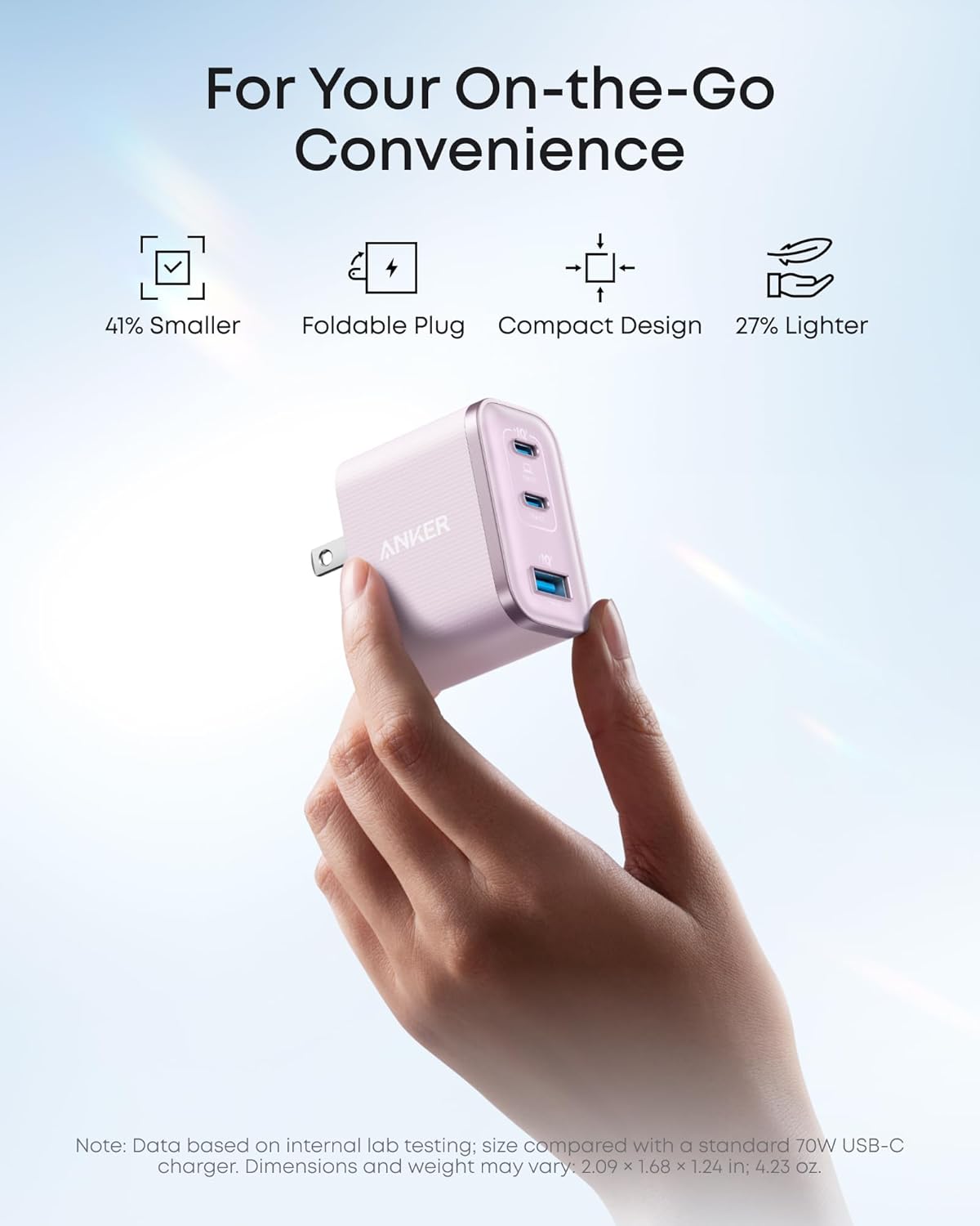 Anker Nano Charger, Ultra-Fast 70W Output 3-Port USB C Charger Block, Fast Charging, Compact and Stylish, for iPhone 17/16 Series, MacBook, iPad, Pixel, Galaxy, and More(Pink, Cable Included)