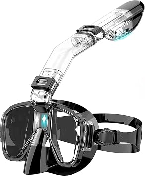 Snorkel Mask Foldable Diving Mask Set with Dry Top System and Camera Mount Anti-Fog Professional Snorkeling Gear - Black
