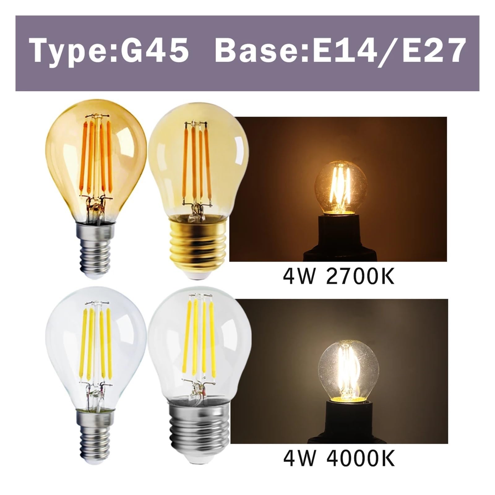Genérico Bombilla LED de filamento (2 Unidades, E14, E27, C35, C35T, ST64, G80, A60, 220 V, 4 W, 9 W, Blanco cálido, Cristal, 360 Grados, Estilo Vela Retro, iluminación (G95, E27, 2700 K).