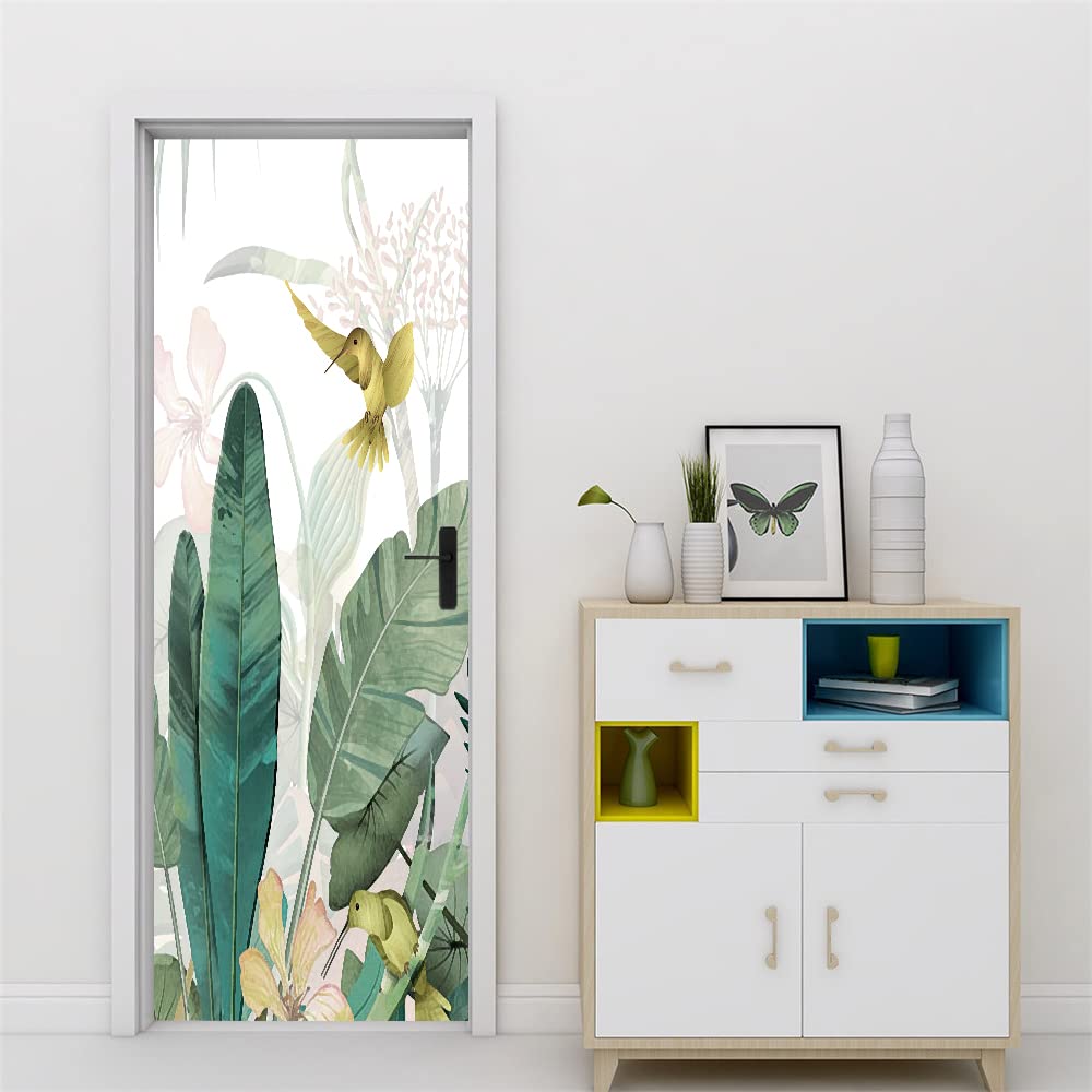 Poster trompe l'oeil porte effet 3D feuille de bananier pour rénover le salon