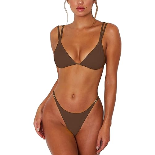 Women's Sexy Thong Bottom Two Piece Bikini Double Shoulder Straps Cute Swimsuit Triangle Bathing Suit