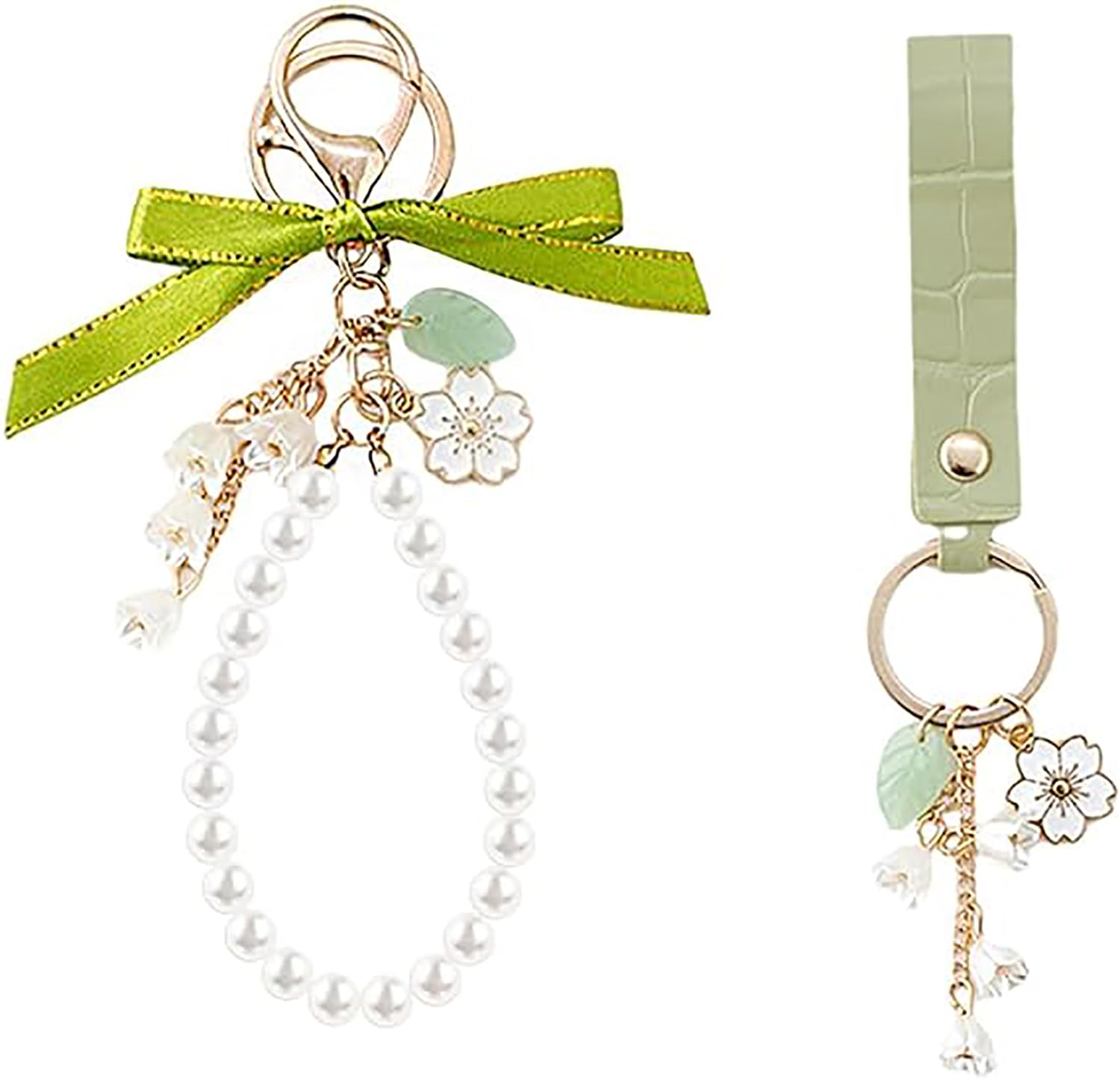 Tazweeq2 PCS Lily Sakura Flower & Pearl Keychain Wristlets for Women Alloy & Faux Pearls Environmentally Friendly Flower Keychain Wrist Lanyard for Purses Key Rings Car Keys, One Size