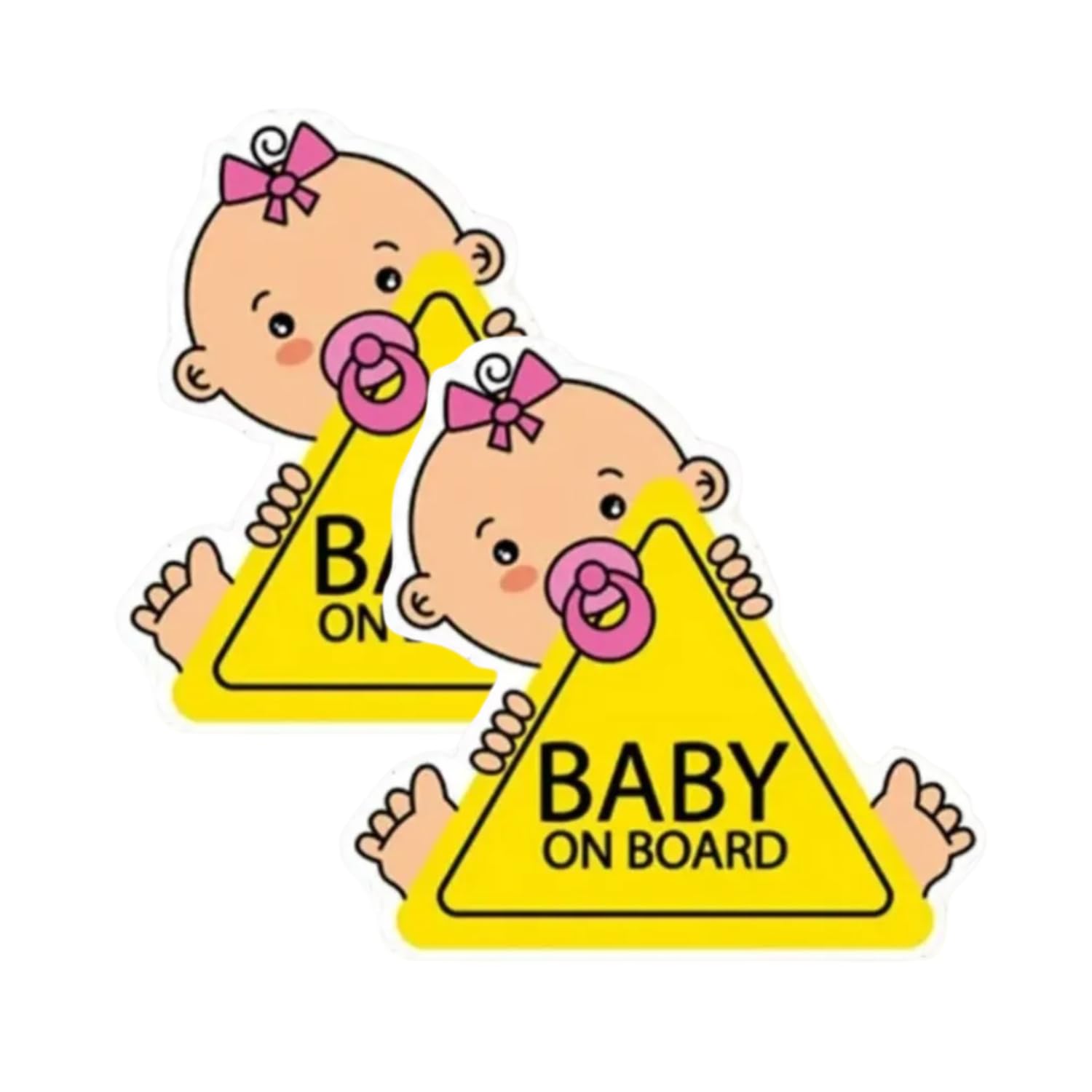 Baby on Board Car Safety Sign, Yellow Triangle Warning Sticker with Cartoon Design (2 x Pink)