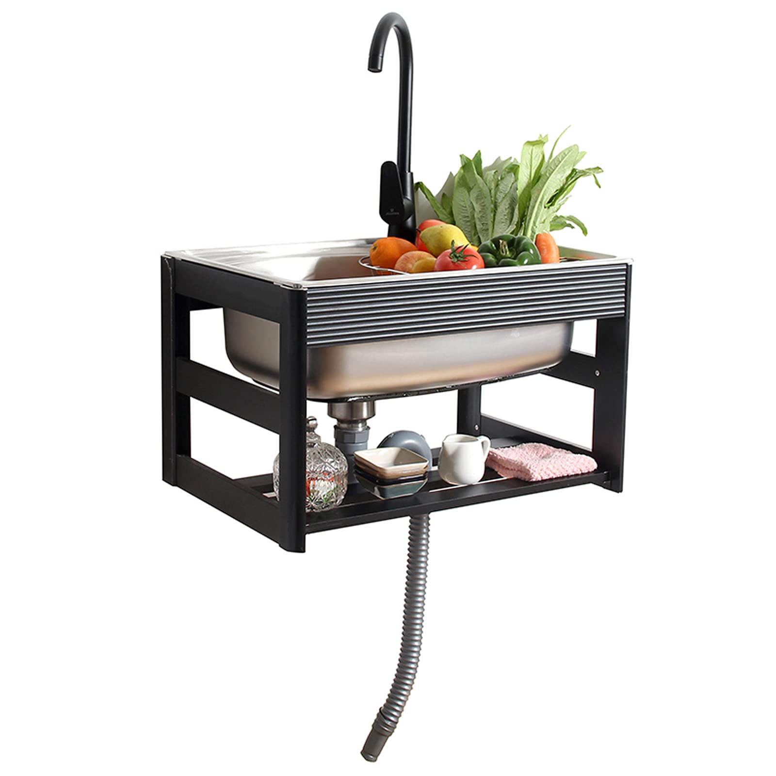 Lavello Cucina 1 Vasca a Parete Lavello Singolo Ristorazione Commerciale in Acciaio Inossidabile, Design ad Angolo R Lavello a Vasca Singola con Staffa