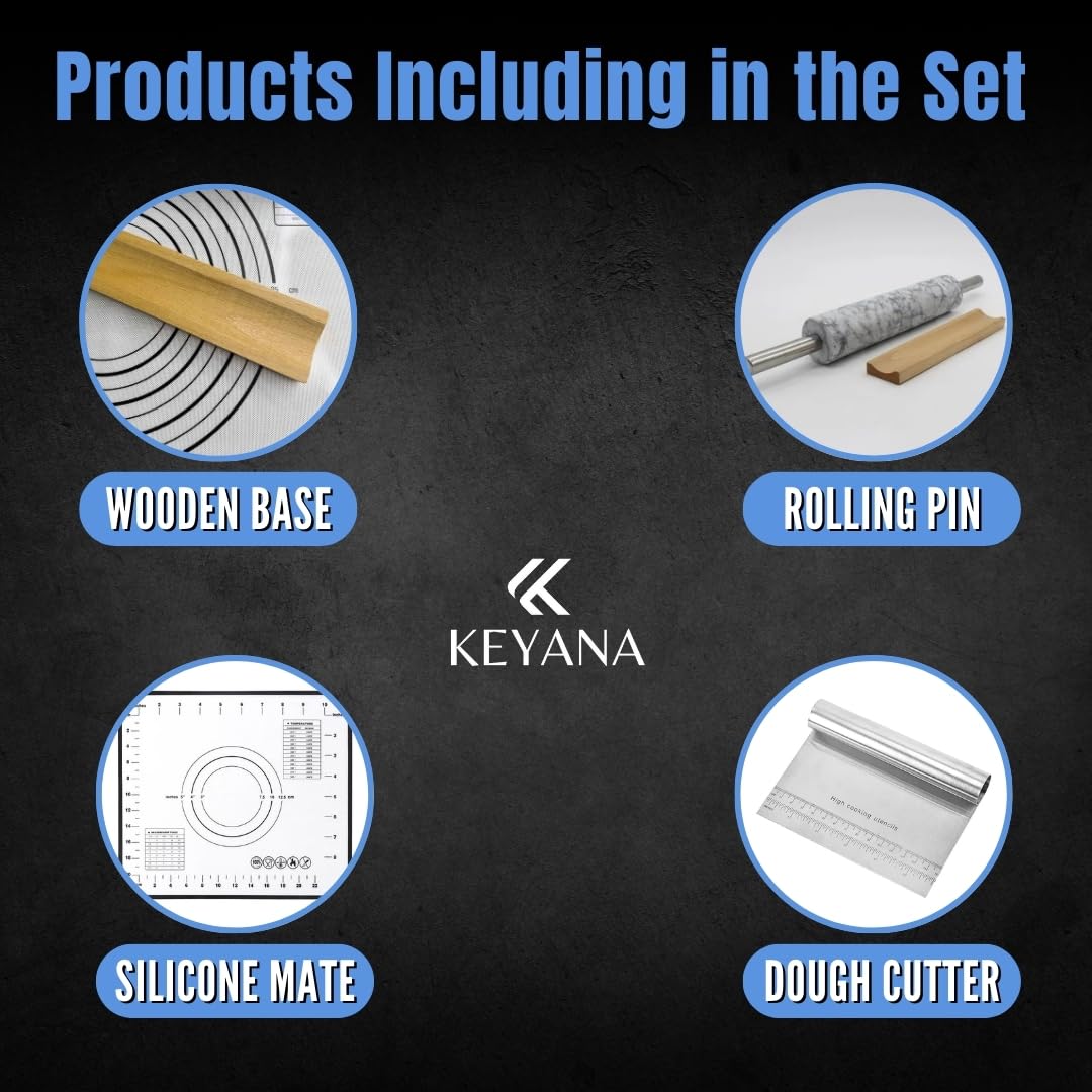 Keyana Rodillo de mármol con asas de acero inoxidable, tapete de silicona, rascador de masa y cuna de madera, regalo ideal para panaderos y entusiastas de la cocina casera