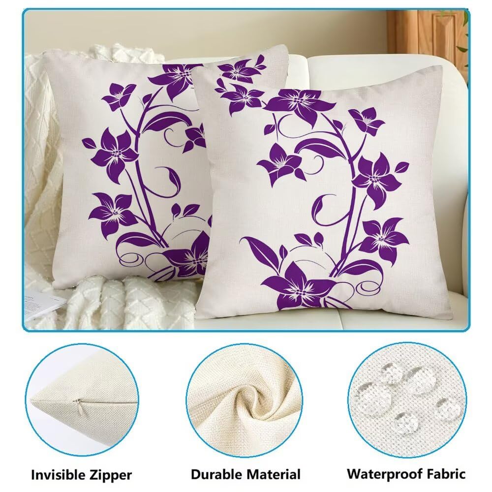 Federe Cuscini da Esterno Impermeabili 65x65 Viola Copri Cuscini per Divano Fiori Federa Cuscino Astratto Decorativi Copricuscini per Divano Giardino Patio Soggiorno Copricuscino Set di 2 (IU5)