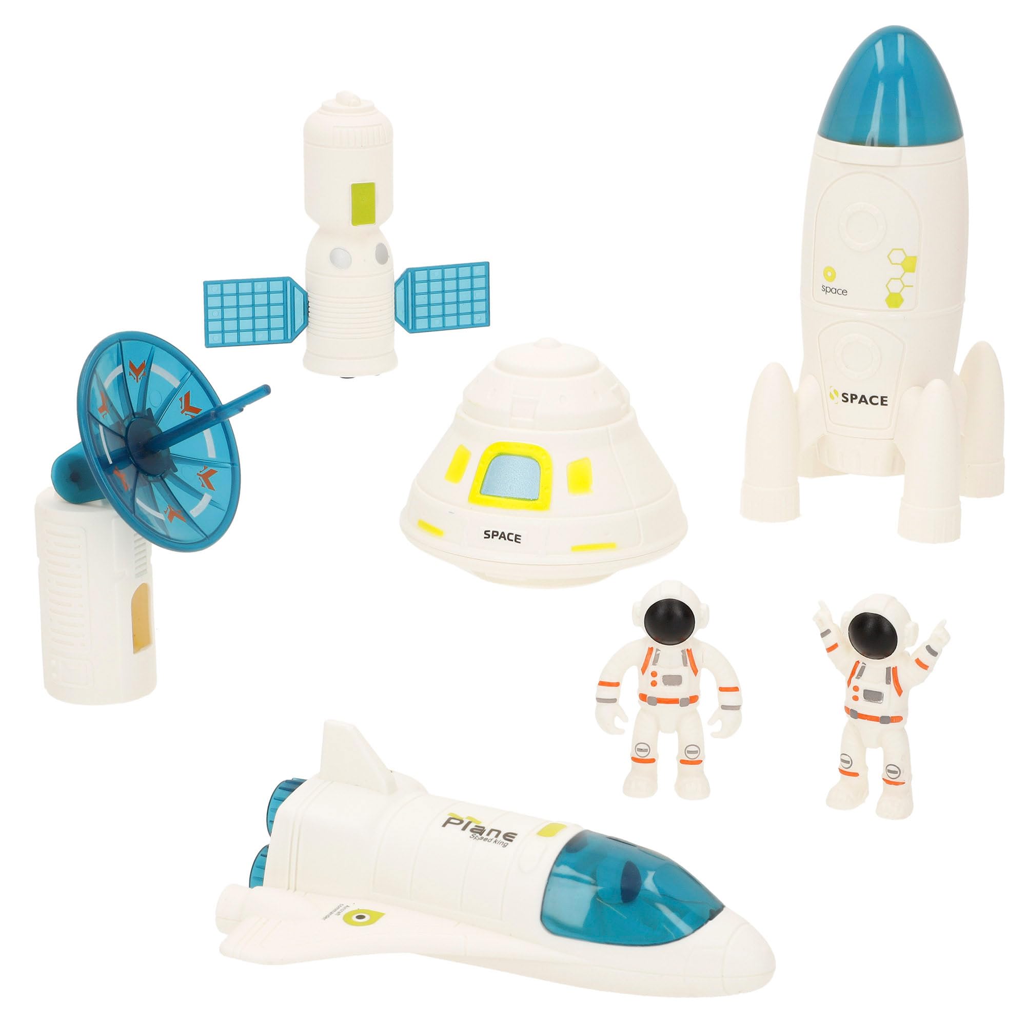 ColorBaby 47944 Speed & Go Set exploración Espacial, 7 Figuras, Astronauta, Cohete, Nave, Antena, Satélite, Juguetes y Juegos del Espacio para niños, Astronomía, Regalo niña 3 años Educativo