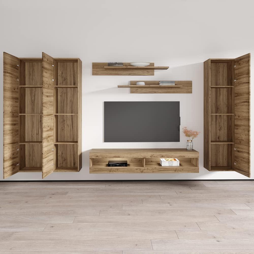 Meble Furniture Fly CD2 34TV Stand Wall-Mounted Entertainment Center — Floating Design with LED Lighting and Storage Shelves, 59.1 x 15.7 x 15.7 in — Oak
