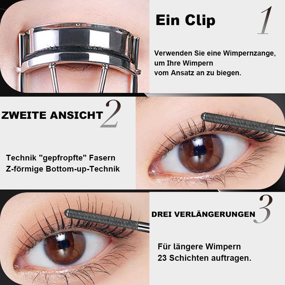 Mascara Wasserfest, Neu 3D Curling Eyelash Iron, Metal Mascara mit Metallbürste, Wasserfest Iron Eye Mas cara Volumengebende Wimperntusche Schnell Trocknend und Wischfest (3PC)