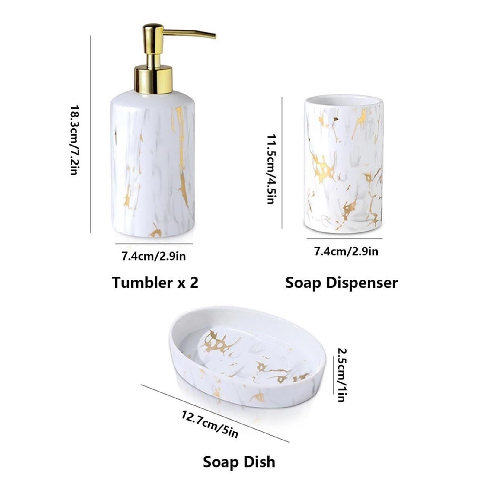 Set di accessori per il bagno Mobiletto in ceramica effetto marmo a 4 pezzi con dispenser di sapone, bicchiere e decorazione costiera Arredamento per gli affittuari