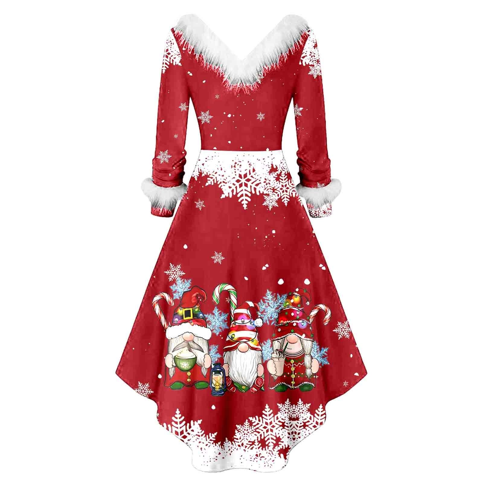 Abiti Babbo Natale Donna- Vestito di Natale Donna Maniche Lunghe Vestiti Natalizia Eleganti Abito Scollo a V Velluto Stampa Natale Sexy Costume Natalizie Costume da Babbo Natale Donna Abito da Sposa