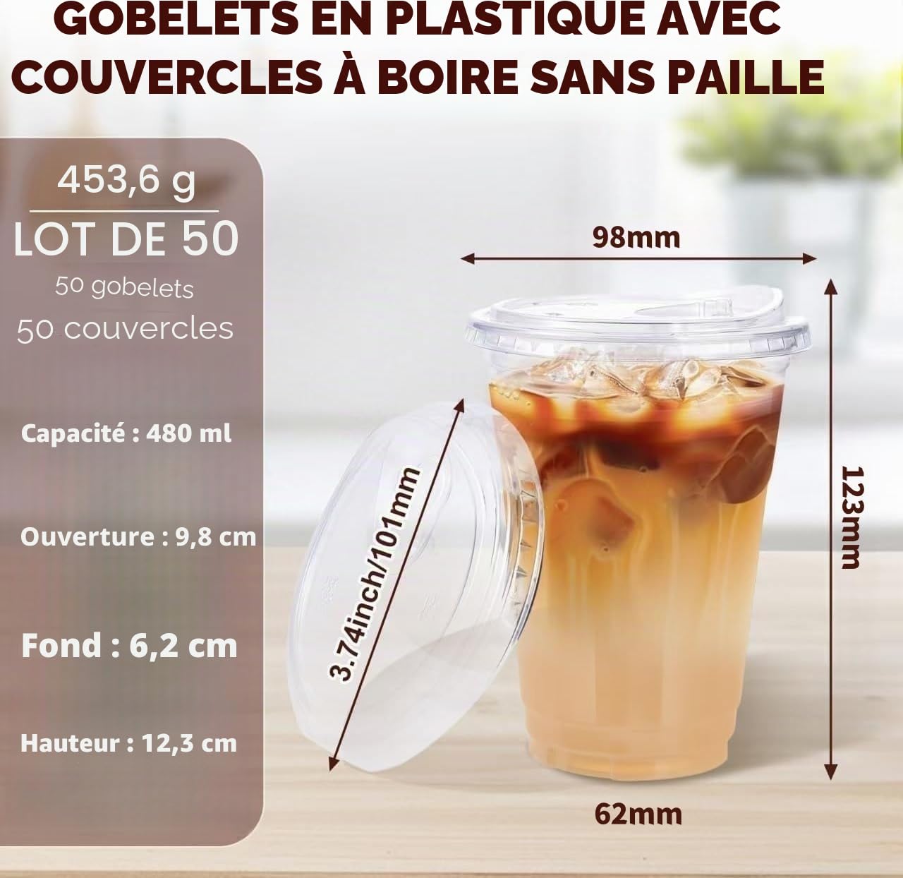 KAHEIGN 50 Pièces Gobelets en Plastique Transparent avec Couvercles, 480ml Gobelet à Café en Plastique Réutilisable Verres Élégants pour Glacé Café Smoothie Milkshake Froides Boissons Fêtes Traiteur