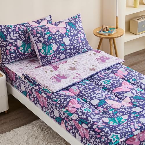 Image of Anibedding 3Pcs Zip Up Bedding Comforter Set for Girls, Purple Butterfly All in One Zipper Full Bedding Set with Pillowcase for Kids