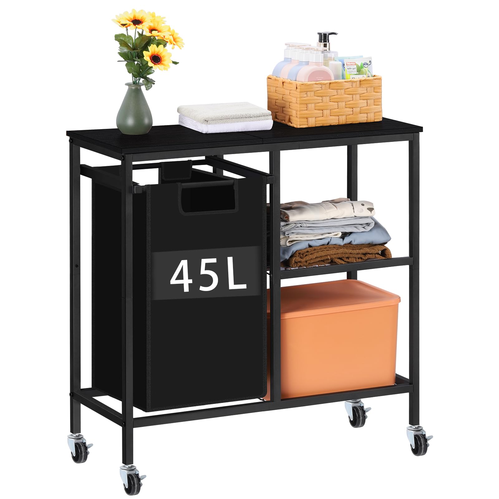 Fogein Laundry Hamper with Iron Side Shelf,Laundry Sorter with 45L Pull-Out and Removable Bags,Clothes Hamper with wheels,Laundry Basket Sorter for Laundry Room,Bathroom,Bedroom,Black