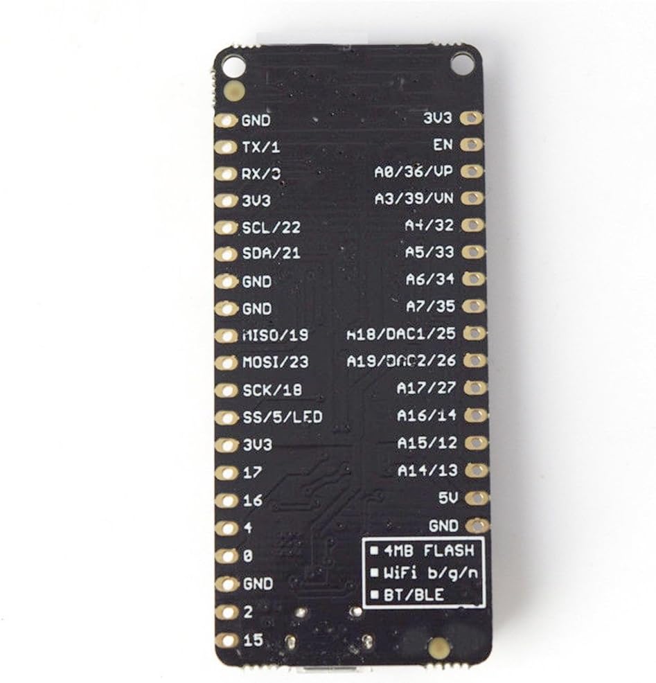 Bottom view of the HiLetgo ESP32 ESP-WROOM-32 development board, showing pin labels for GPIO, power, and communication interfaces.