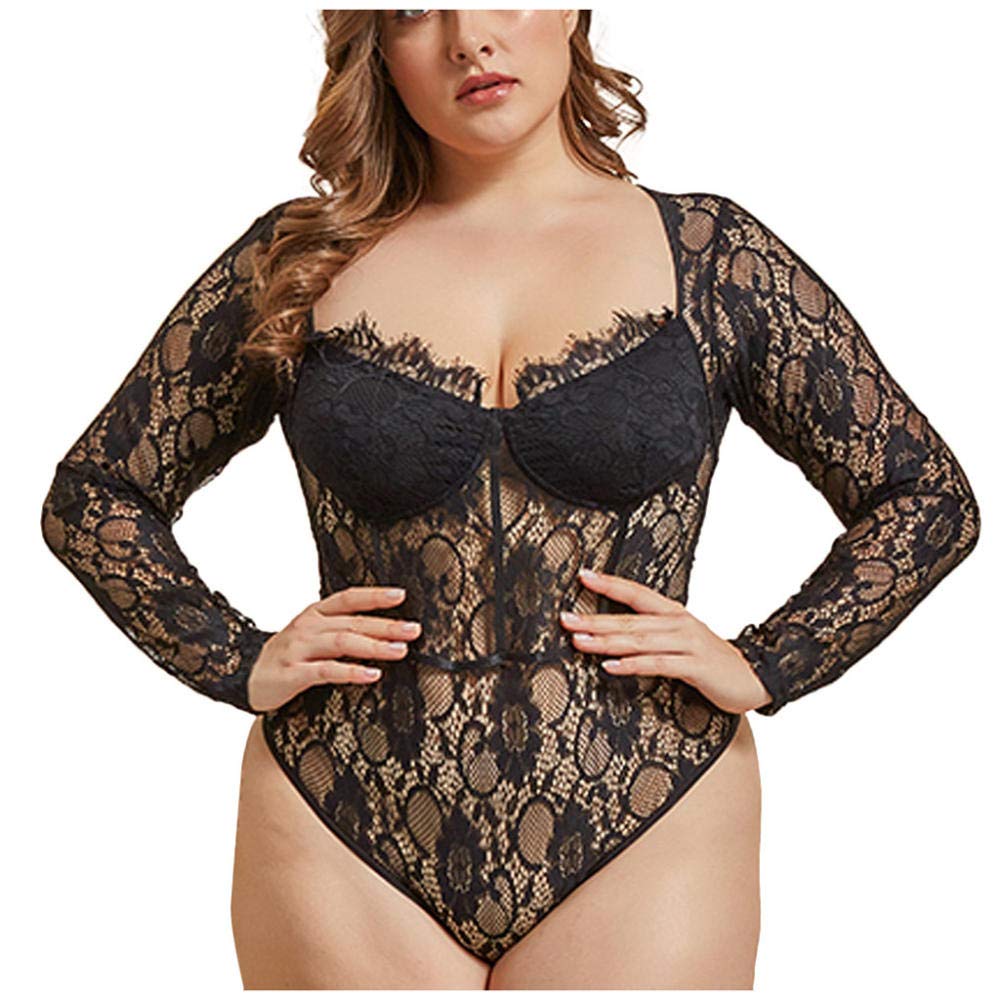 Bekleidung & Schuhe für Modepuppen Spitze Sexy Dessous Plus Size Frauen Transparenter Body Sexy Unterwäsche Langarm V-Ausschnitt Gemütliche Nachtwäsche