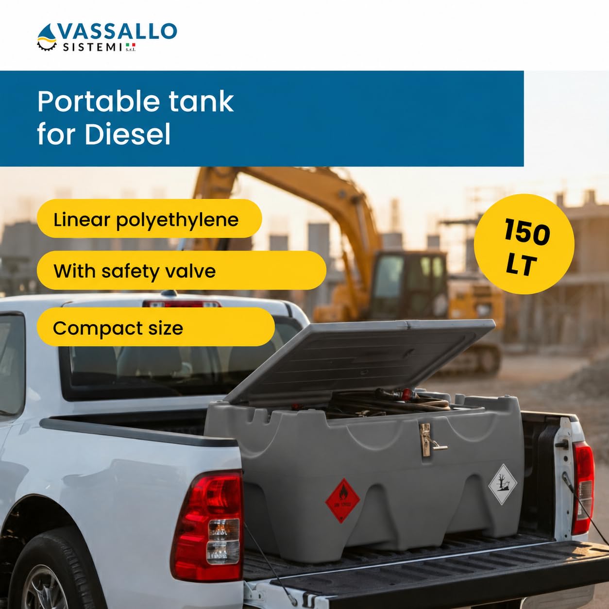System Tank 150 L – Przenośna elektryczna pompa benzynowa 12 V – profesjonalny kanister z polietylenu z rurką 4 m i automatycznym pistoletem Vassallo Sistemi