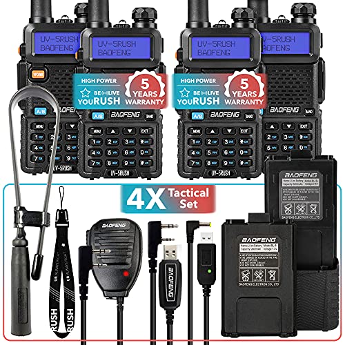 youRUSH Ham Radio Tactical Set - 4 Pack UV-5RUSH 8W Two Way Radio with 3800mAh and 2800mAh BL-5 Extended Batteries Plus Foldable Tactical Antenna 18.7”, Speaker Mic, USB Charger, USB Programming Cable