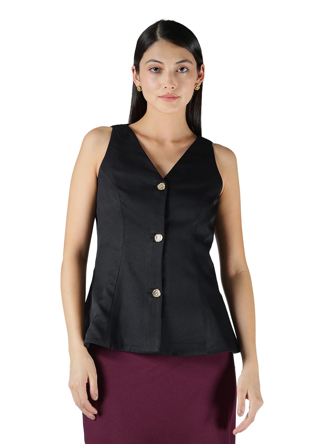 fablestreet Women Formal Vest | Peplum Style Waistcoat with V-Neck, Sleeveless Design & Gold Button Closure | Smooth Stretchable Fabric for Business-picture-24