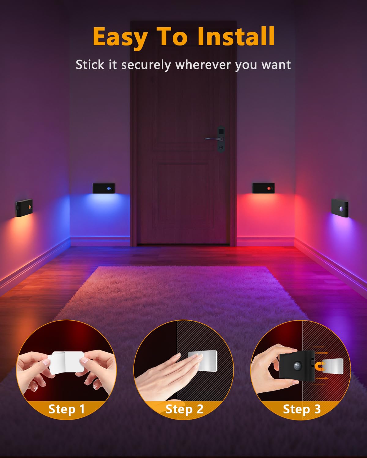 WILLED Luces RGB y blancas cálidas con sensor de movimiento para interiores, luz nocturna inalámbrica con sensor de movimiento, luces LED recargables por USB, luces magnéticas para armario, pasillo