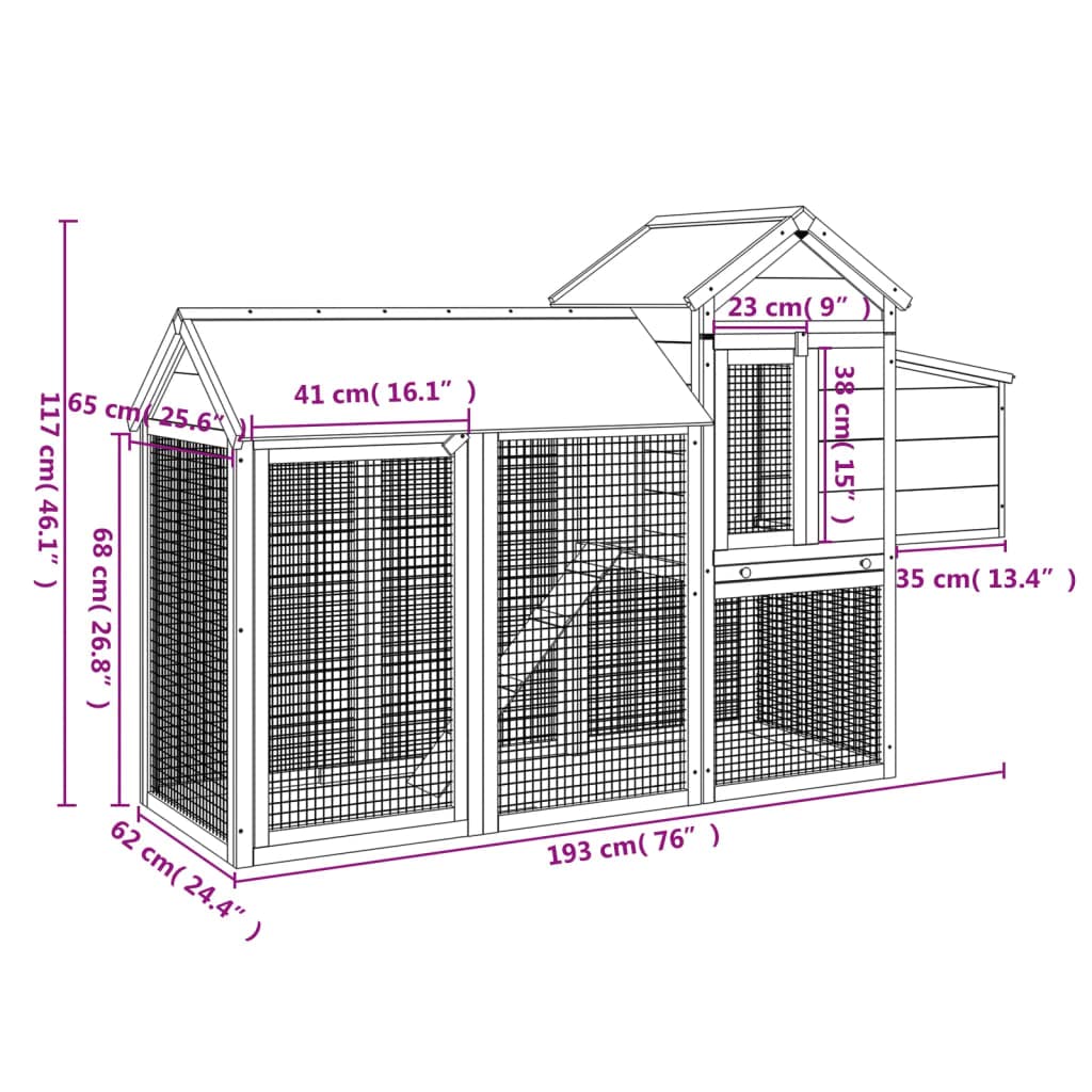 Gallinero Todo en Uno Marrón 193x65x117 cm de Madera maciza de pino con recinto, pajarera, Zona de descanso y Rampa de acceso, vallas de malla transpirables y techo resistente al agua