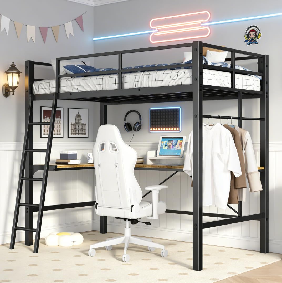 Bellemave Twin Size Loft Bed with L-Shaped Desk and Ladder