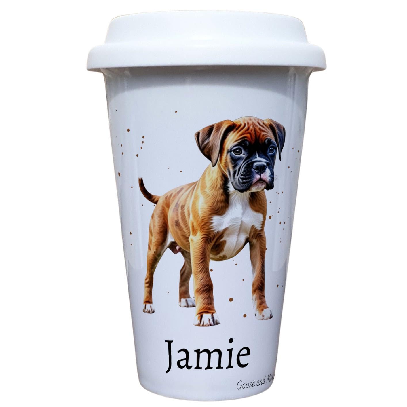 Personalised Boxer Dog Travel Mug, Gift for Puppy Lover, Thank you present for Dog Owner, Hot Drinks Flask, Insulated Coffee Cup